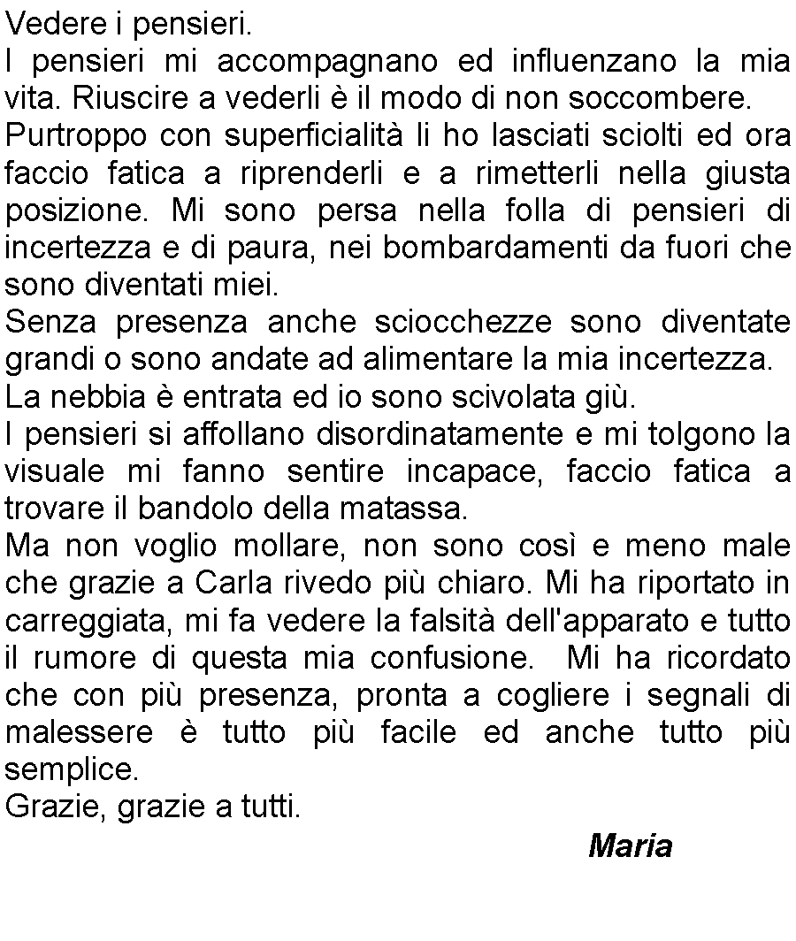 Casella di testo: Vedere i pensieri.I pensieri mi accompagnano ed influenzano la mia vita. Riuscire a vederli  il modo di non soccombere.Purtroppo con superficialit li ho lasciati sciolti ed ora faccio fatica a riprenderli e a rimetterli nella giusta posizione. Mi sono persa nella folla di pensieri di incertezza e di paura, nei bombardamenti da fuori che sono diventati miei.Senza presenza anche sciocchezze sono diventate grandi o sono andate ad alimentare la mia incertezza.La nebbia  entrata ed io sono scivolata gi.I pensieri si affollano disordinatamente e mi tolgono la visuale mi fanno sentire incapace, faccio fatica a trovare il bandolo della matassa.Ma non voglio mollare, non sono cos e meno male che grazie a Carla rivedo pi chiaro. Mi ha riportato in carreggiata, mi fa vedere la falsit dell'apparato e tutto il rumore di questa mia confusione.  Mi ha ricordato che con pi presenza, pronta a cogliere i segnali di malessere  tutto pi facile ed anche tutto pi semplice.Grazie, grazie a tutti.											Maria